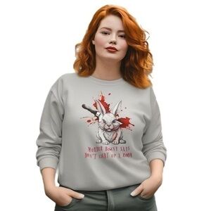 Murder Bunny Says Series Heather Gray & Red Graphic Tree Long Sleeve Sweatshirt